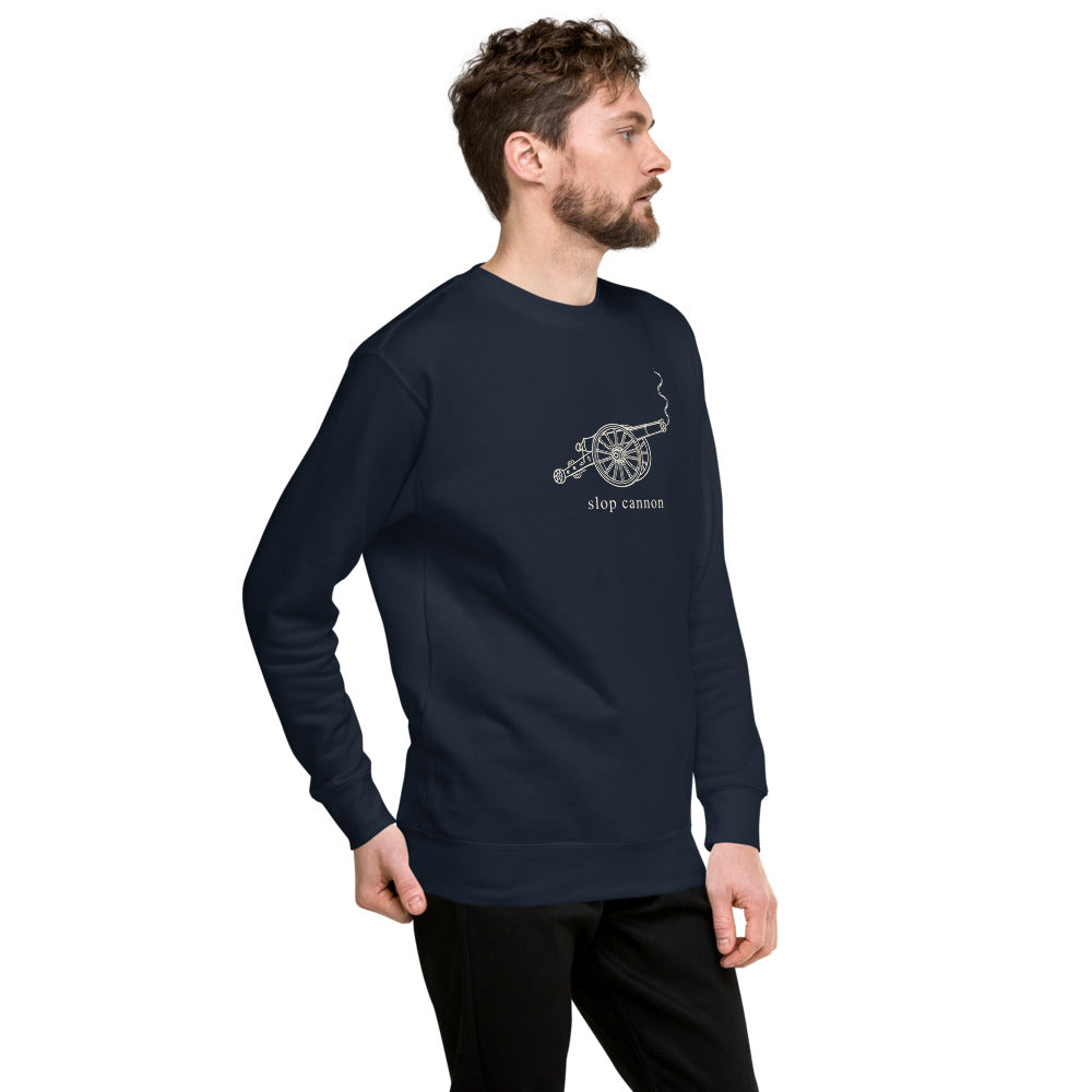 Slop Cannon Crewneck - Smoke Signal — Navy Blazer — Printful Men's Right Front provider model view; exact configured product and artwork; digital mockup.