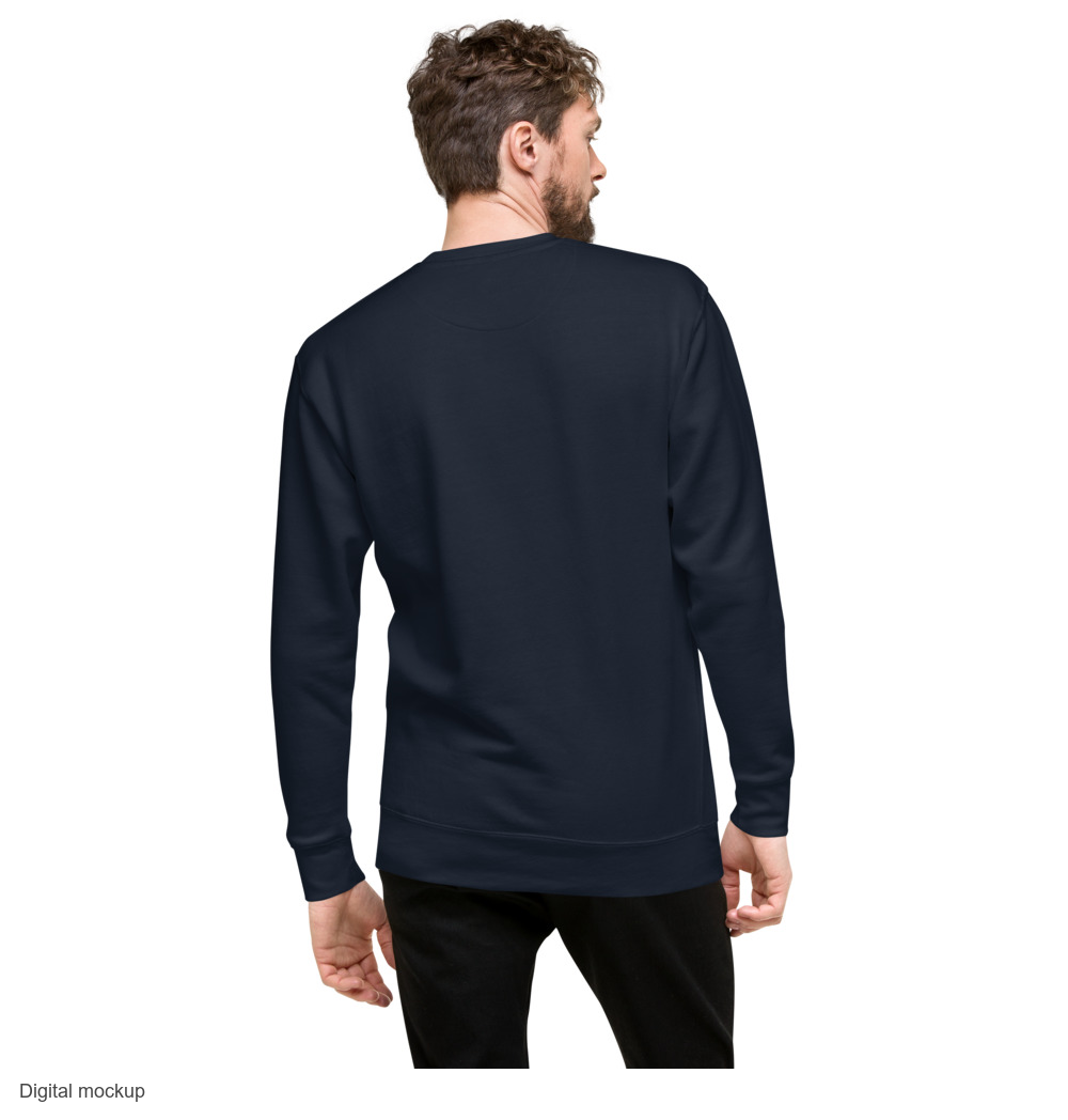 Slop Cannon Crewneck - Smoke Signal — Navy Blazer — supplier Men's Back model view; tee only; Cotton Heritage M2480; exact current supplier digital mockup; configured front artwork; plain back; third-party styling excluded.