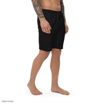 Slop Cannon Shorts - Carriage — Black — supplier Barefoot Right Front model view; fleece shorts only; Independent Trading Co. IND20SRT; exact current supplier digital mockup; wearer-left front-leg artwork; plain back; third-party styling excluded.