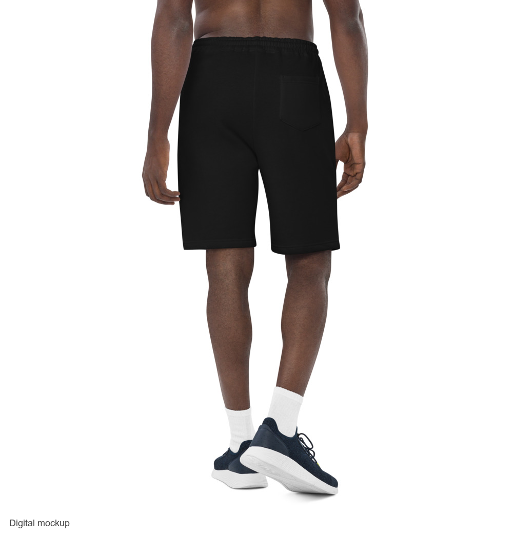 Slop Cannon Shorts - Carriage — Black — supplier Sneakers 2 Back model view; fleece shorts only; Independent Trading Co. IND20SRT; exact current supplier digital mockup; wearer-left front-leg artwork; plain back; third-party styling excluded.