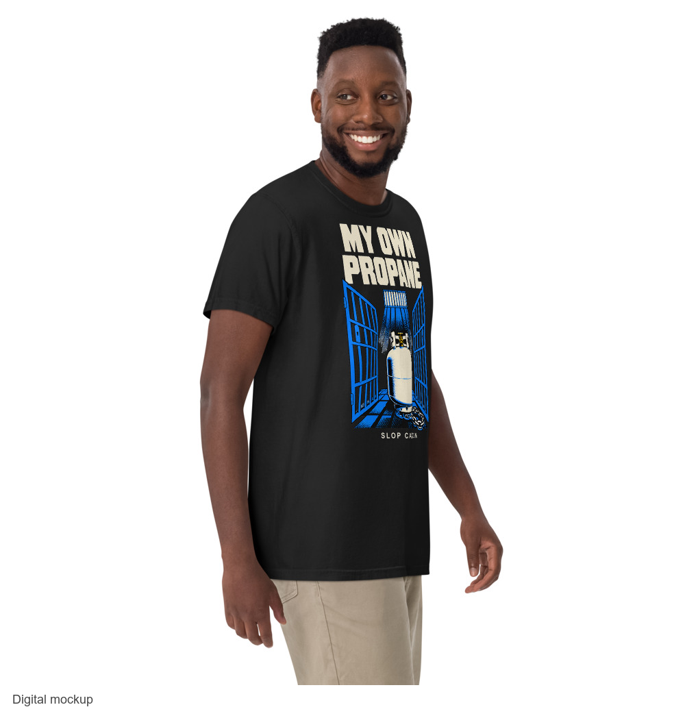 Slop Cannon Tee - My Own Propane — Black — supplier Men's 3 Front model view; tee only; Comfort Colors 1717; exact current supplier digital mockup; configured outside-neckline rear print; third-party styling excluded.