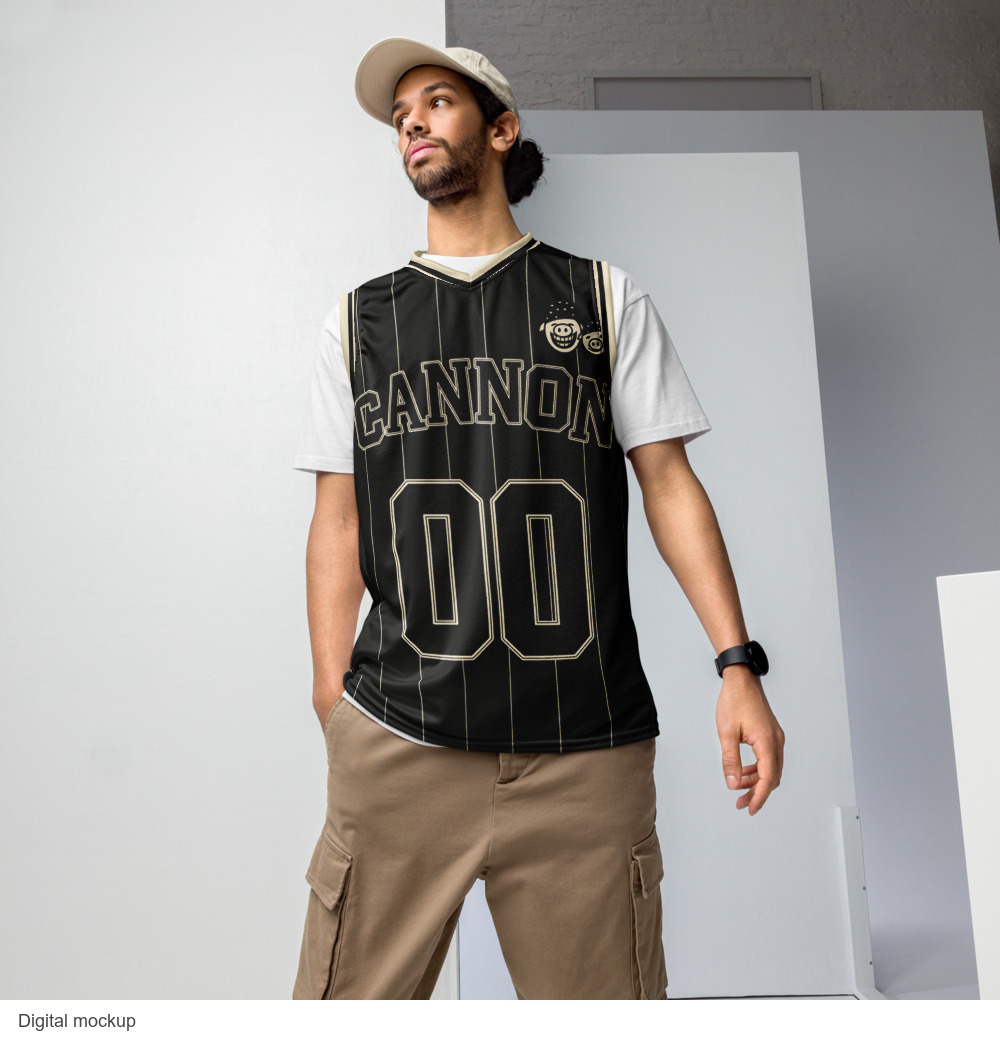 Cannon Boyz Pinstripe Jersey — Black / Cream — supplier Men's Lifestyle Front model view; basketball jersey only; Printful catalog 676 pinstripe basketball jersey; exact current supplier digital mockup; configured front artwork; third-party styling excluded.