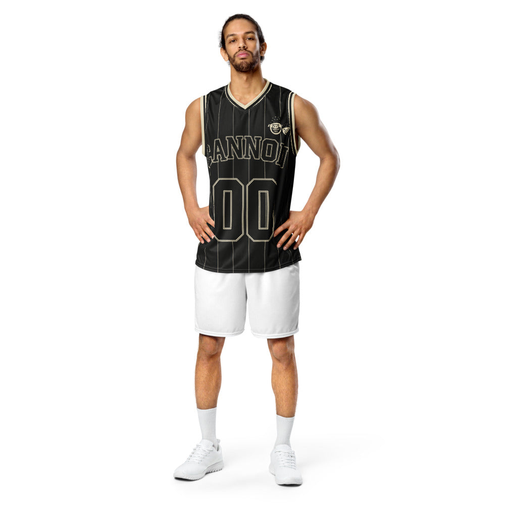 Cannon Boyz Pinstripe Jersey — Black / Cream — Printful Men's Front provider model view; exact configured product and artwork; digital mockup.