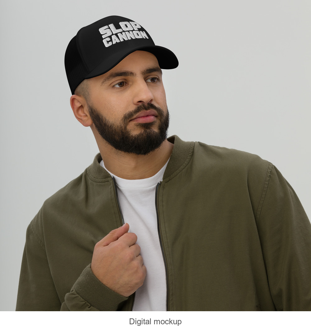 Slop Cannon Heavy Block Trucker Hat — Black / Black / White — supplier Men's Lifestyle / Front model-worn view; exact configured headwear and artwork; digital mockup; headwear only, outfit excluded.