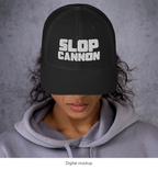 Slop Cannon Heavy Block Trucker Hat — Black / Black / White — supplier Women's / Front model-worn view; exact configured headwear and artwork; digital mockup; headwear only, outfit excluded.