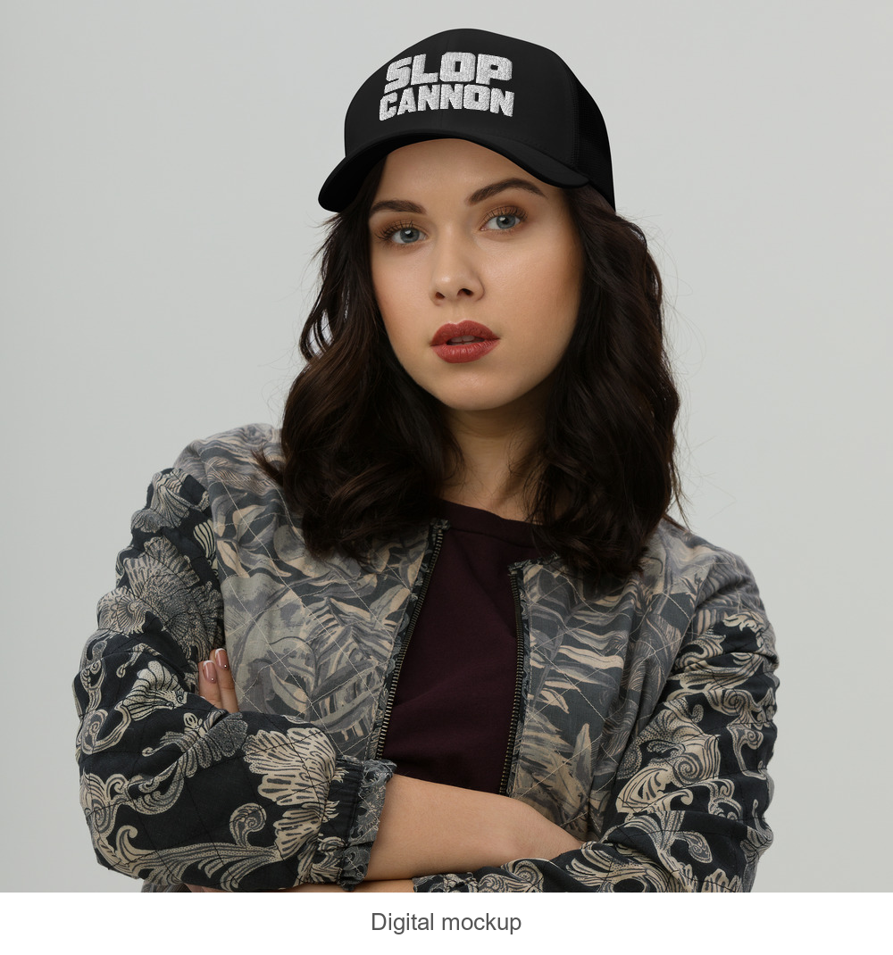 Slop Cannon Heavy Block Trucker Hat — Black / Black / White — supplier Women's Lifestyle / Front model-worn view; exact configured headwear and artwork; digital mockup; headwear only, outfit excluded.
