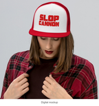 Slop Cannon Heavy Block Trucker Hat — White / Red / Red — supplier Women's Lifestyle / Front model-worn view; exact configured headwear and artwork; digital mockup; headwear only, outfit excluded.