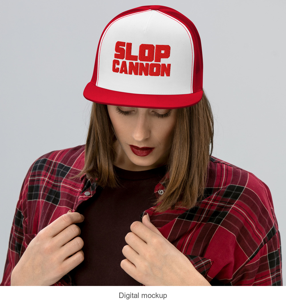 Slop Cannon Heavy Block Trucker Hat — White / Red / Red — supplier Women's Lifestyle / Front model-worn view; exact configured headwear and artwork; digital mockup; headwear only, outfit excluded.