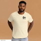 Cannon Boys tee — Natural — AA-M01 adult male model, front view with exact left-chest artwork. Digital mockup; tee only.