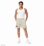 Cannon Boys Mesh Shorts — Bone (printed) — CW-M04 adult male model, front three-quarter view with exact printed motifs and trim. Digital mockup; shorts only, styled tank and shoes excluded.