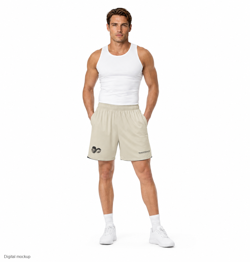 Cannon Boys Mesh Shorts — Bone (printed) — CW-M04 adult male model, front three-quarter view with exact printed motifs and trim. Digital mockup; shorts only, styled tank and shoes excluded.