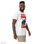 Slop Cannon Tee - Cannon Boy Barrel — White — supplier Men's 3 Front model view; tee only; Comfort Colors 1717; exact current supplier digital mockup; configured outside-neckline rear print; third-party styling excluded.