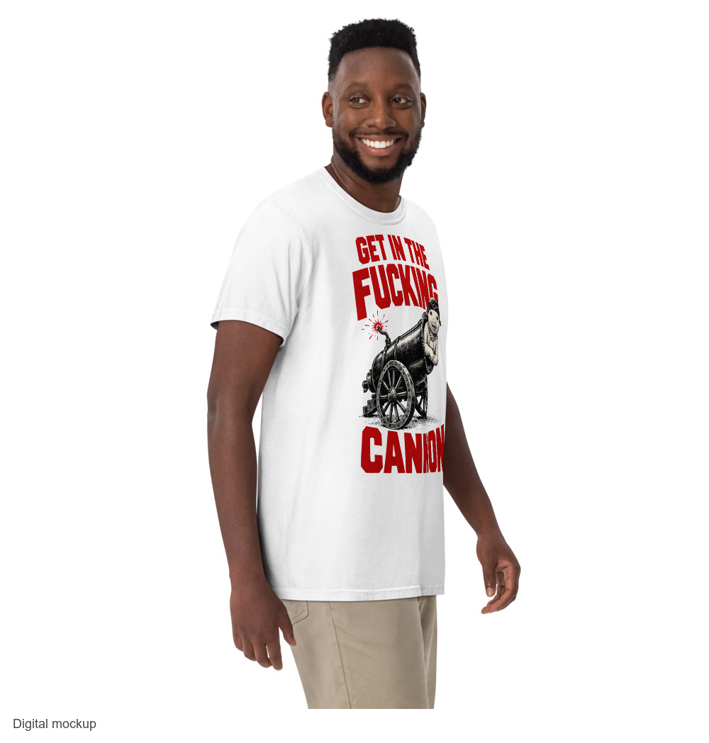 Slop Cannon Tee - Cannon Boy Barrel — White — supplier Men's 3 Front model view; tee only; Comfort Colors 1717; exact current supplier digital mockup; configured outside-neckline rear print; third-party styling excluded.