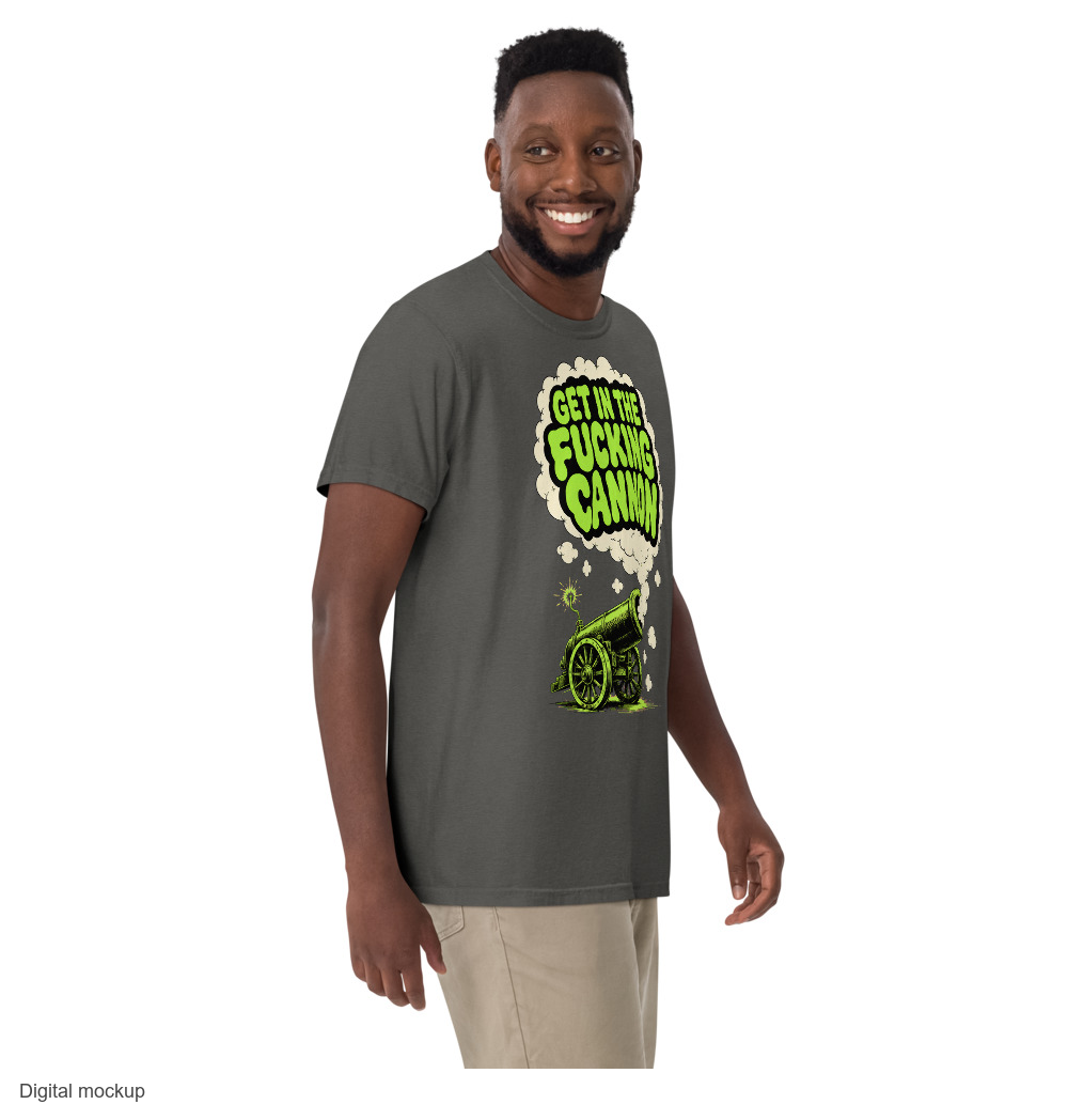 Slop Cannon Tee - Smoke Signal — Charcoal — supplier Men's 3 Front model view; tee only; Comfort Colors 1717; exact current supplier digital mockup; configured front artwork and outside-neckline rear print; third-party styling excluded.