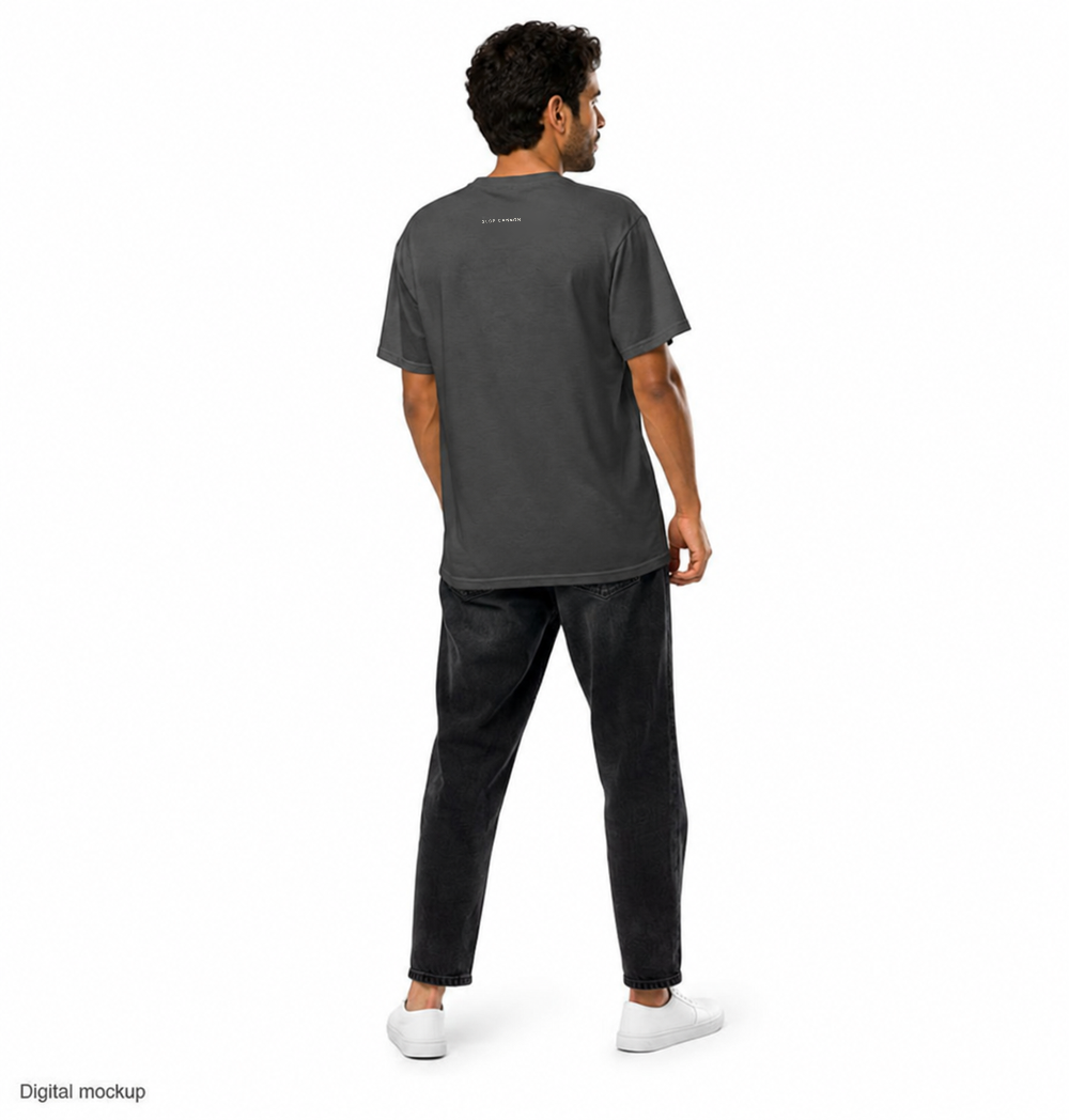 Smoke Signal tee — Charcoal — adult male model rear view with exact configured nape wordmark and provider garment fit; digital mockup, not a manufactured sample; styling shorts excluded.