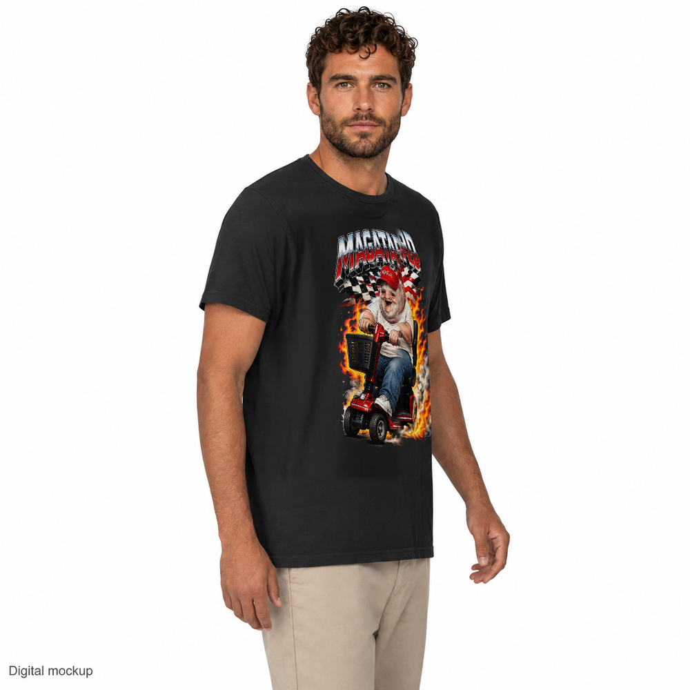 MAGAtard Full Throttle tee — Black — adult male model three-quarter front view with exact configured artwork and provider garment fit; digital mockup, not a manufactured sample; styling trousers excluded.