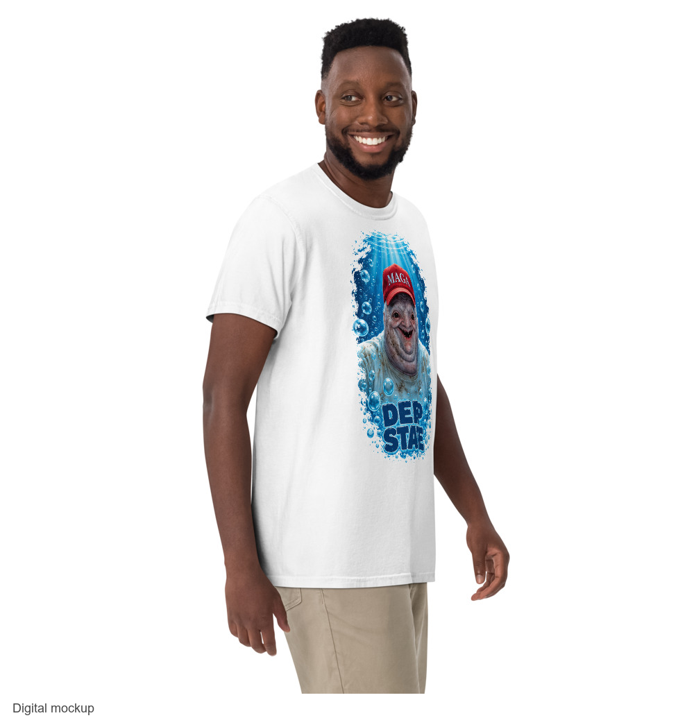 MAGAtard Deep State Tee — White — supplier Men's 3 Front model view; tee only; Comfort Colors 1717; exact current supplier digital mockup; configured front artwork and outside-neckline rear print; third-party styling excluded.