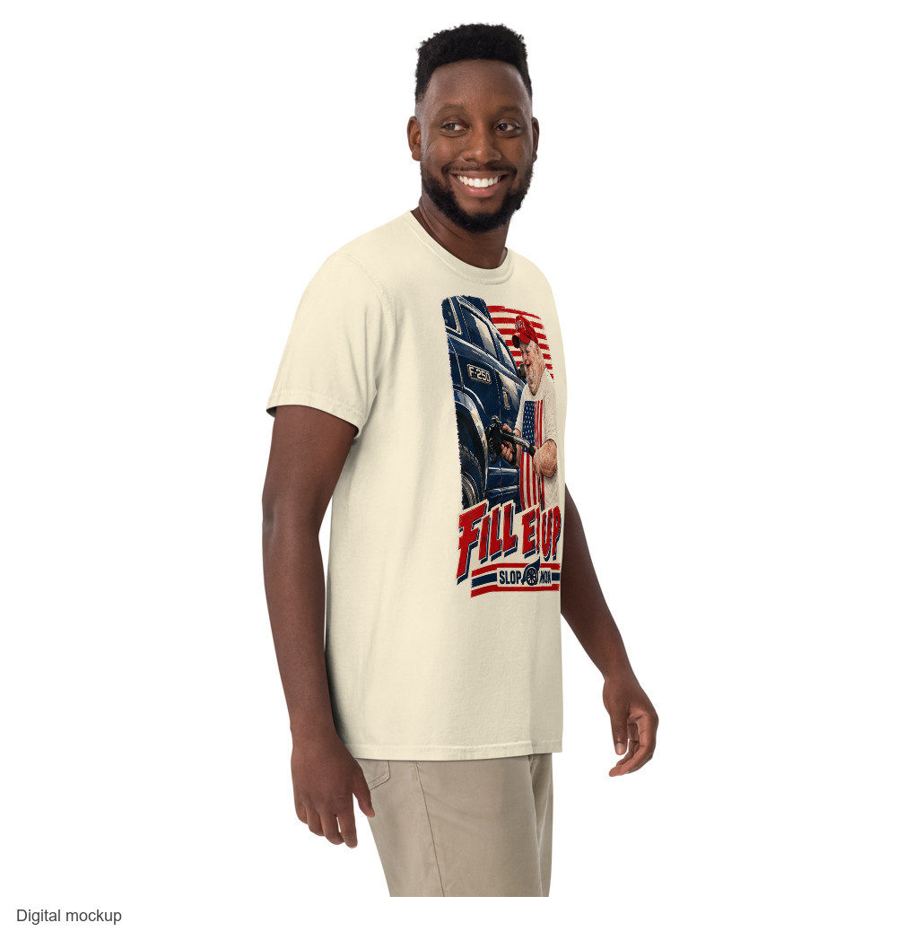 MAGAtard Fill Er Up Tee — Ivory — supplier Men's 3 Front model view; tee only; Comfort Colors 1717; exact current supplier digital mockup; configured front artwork and outside-neckline rear print; third-party styling excluded.