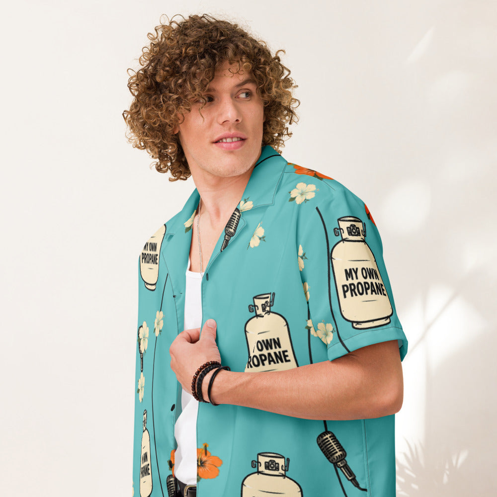 Propane Paradise Beach Button-Up — Turquoise / Cream / Orange — Printful Men's Lifestyle Front provider model view; exact configured product and artwork; digital mockup.