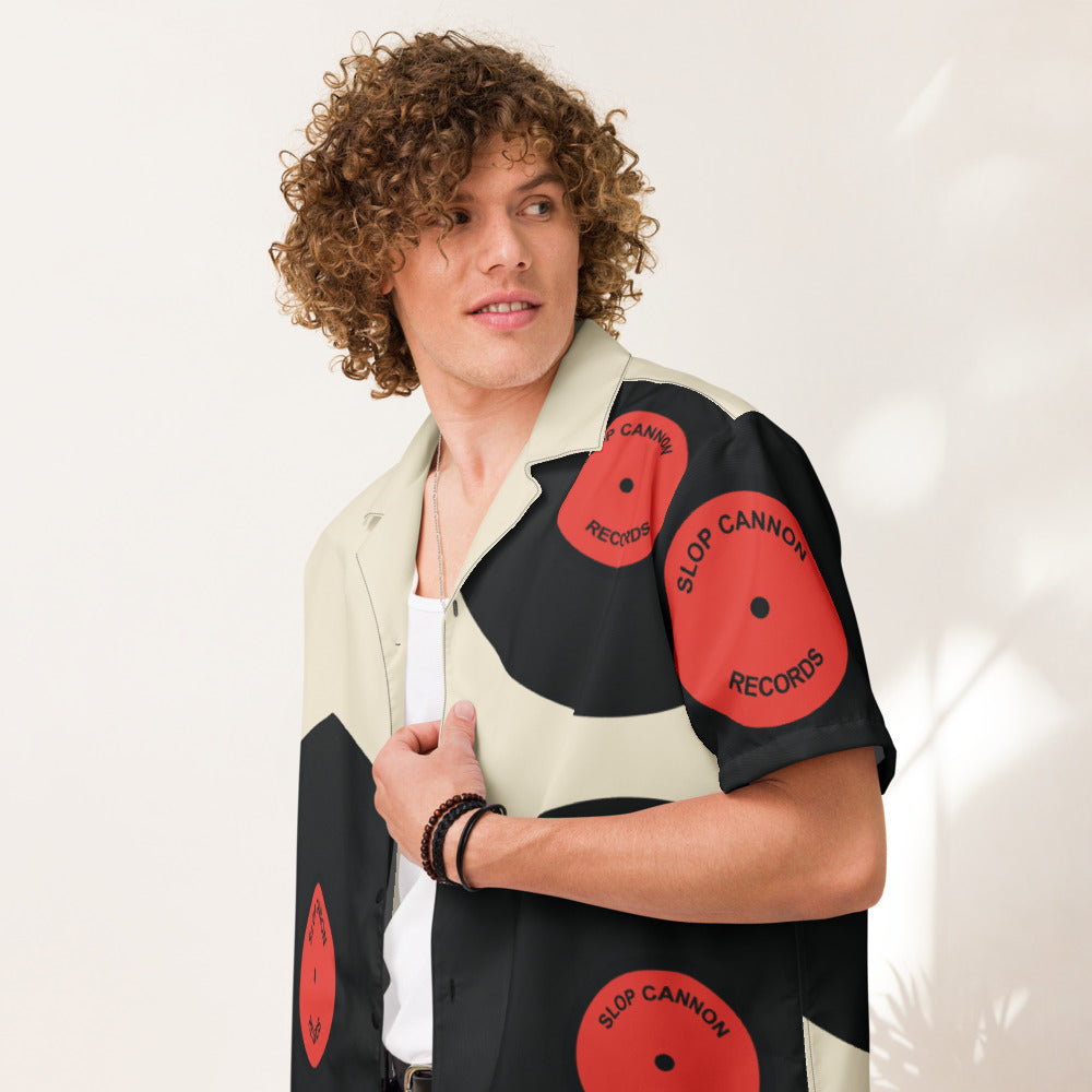 Slop Cannon Records Beach Button-Up — Cream / Black / Red — Printful Men's Lifestyle Front provider model view; exact configured product and artwork; digital mockup.