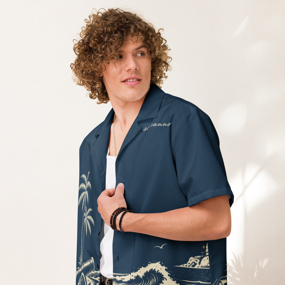 Cannon Coast Beach Button-Up — Navy / Cream — Printful Men's Lifestyle Front provider model view; exact configured product and artwork; digital mockup.