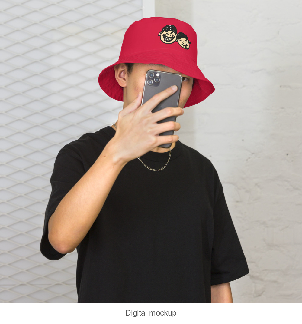 Slop Cannon Bucket Hat - 4 Designs, 22 Choices — C1 Cannon Boyz - Cherry Red — supplier Men's Lifestyle / Front Outside model-worn view; exact configured headwear and artwork; digital mockup; headwear only, outfit excluded.