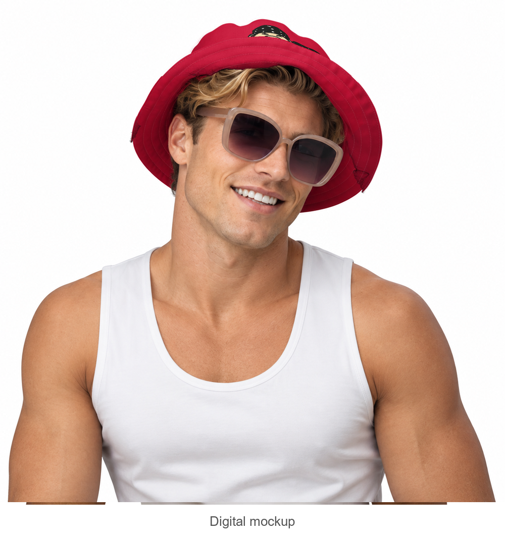 Slop Cannon Bucket Hat — C1 Cannon Boyz - Cherry Red — CW-M16 male model wearing the exact configured reversible bucket hat, three-quarter view. Digital mockup.