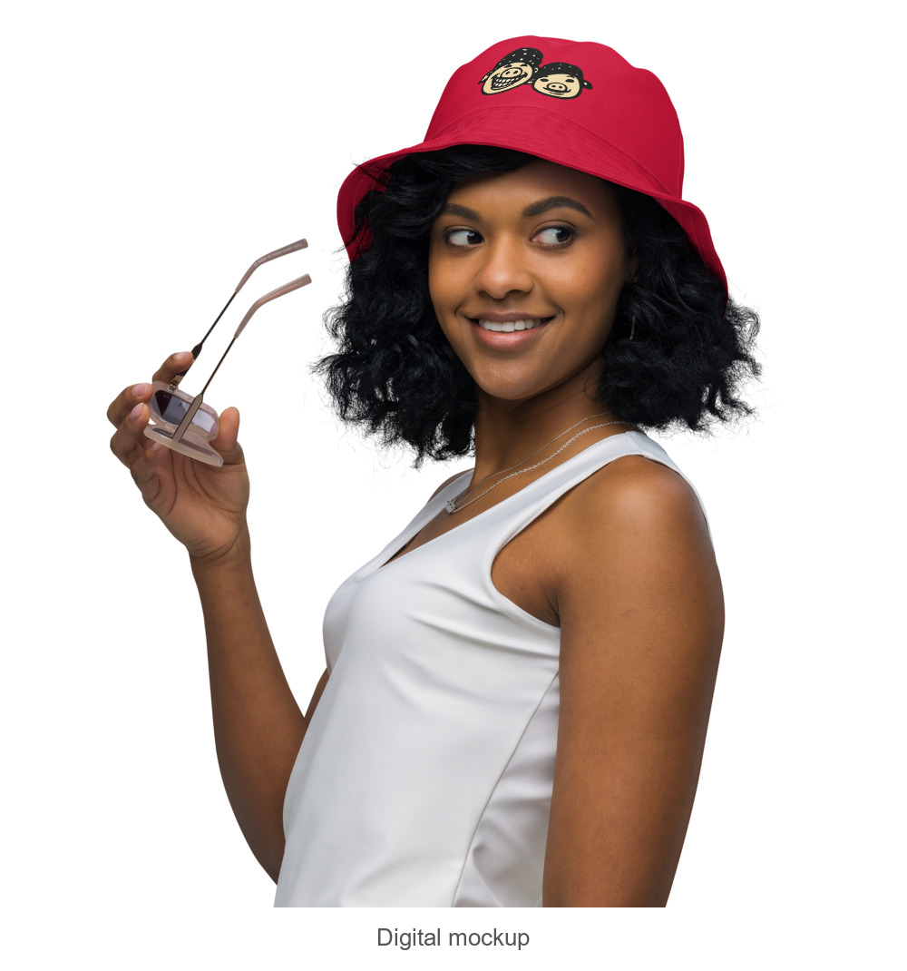 Slop Cannon Bucket Hat - 4 Designs, 22 Choices — C1 Cannon Boyz - Cherry Red — supplier Women's / Left Front Outside model-worn view; exact configured headwear and artwork; digital mockup; headwear only, outfit excluded.