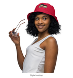 Slop Cannon Bucket Hat - 4 Designs, 22 Choices — C1 Cannon Boyz - Cherry Red — supplier Women's / Left Front Outside model-worn view; exact configured headwear and artwork; digital mockup; headwear only, outfit excluded.