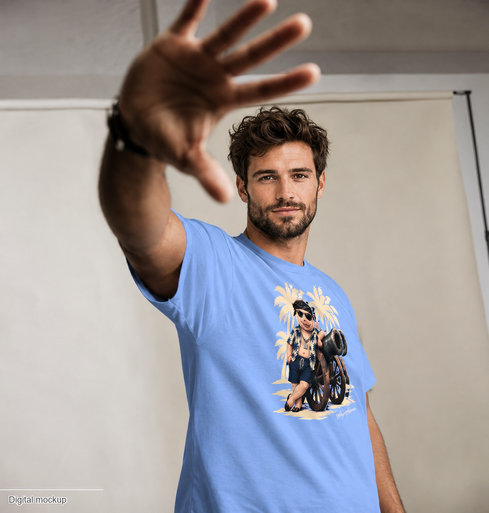 Cannon Country Club Tee — Pool Blue — CW-M07 male model wearing the actual tee, front pose. Digital mockup.