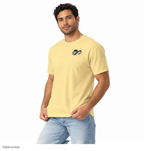 Cannon Boys S-Pool Tee — Butter Yellow — HA-M01 Adrian Morales male model wearing the exact configured Comfort Colors 1717 Butter tee, three-quarter view. Digital mockup.