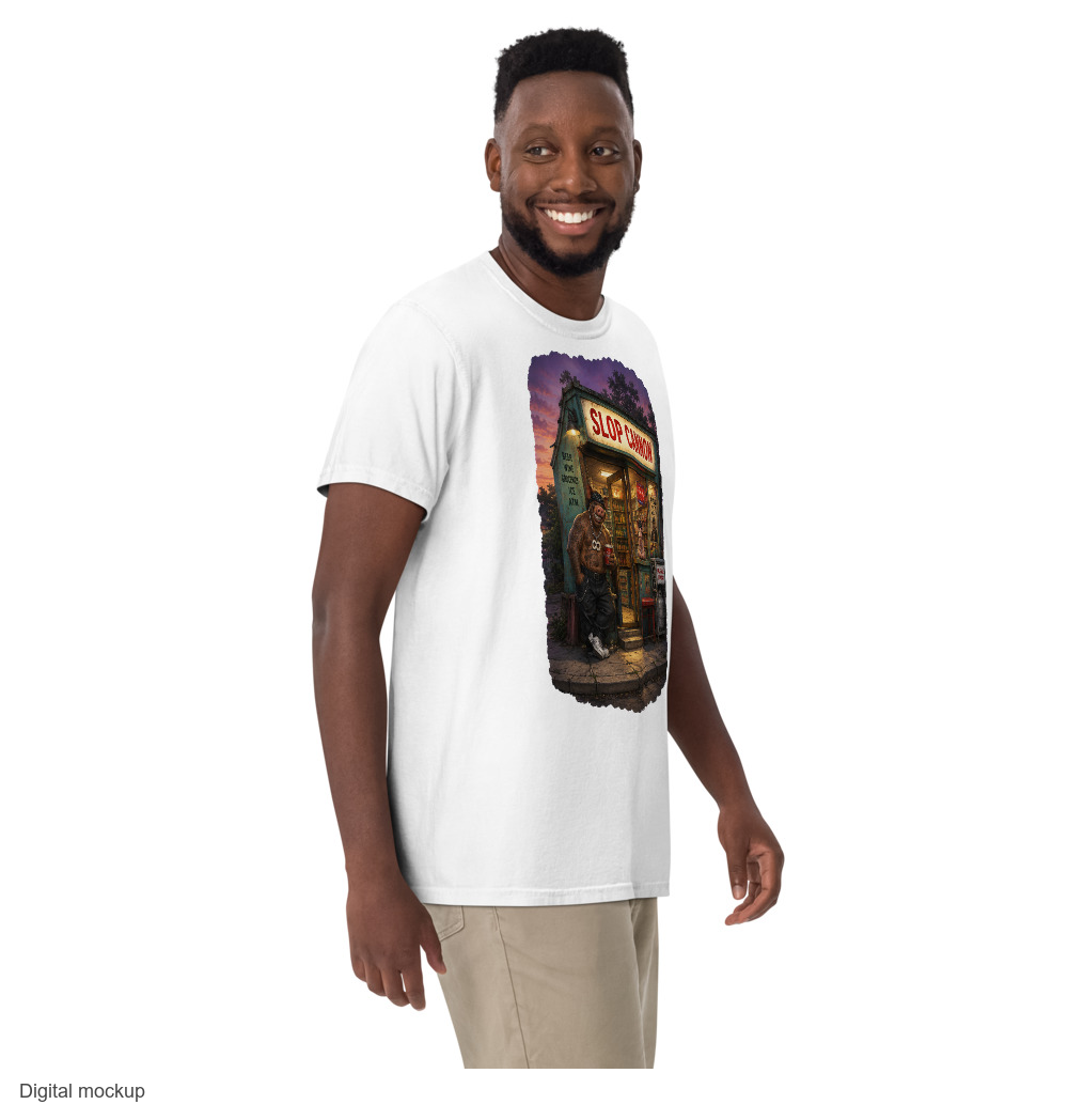 Corner Store Cannon Tee - Dusk — White — supplier Men's 3 Front model view; tee only; Comfort Colors 1717; exact current supplier digital mockup; configured front artwork and outside-neckline rear print; third-party styling excluded.
