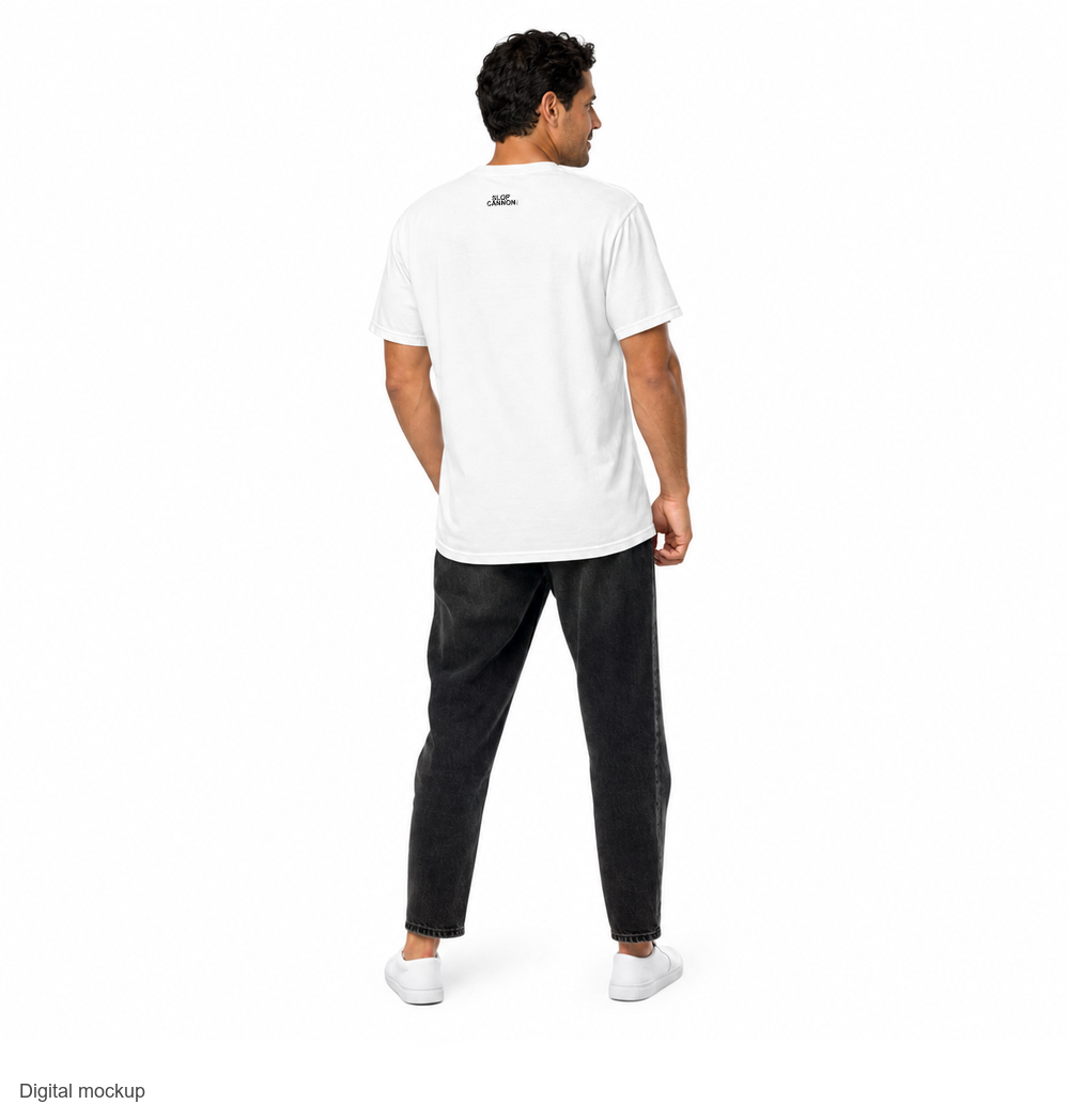 Corner Store Cannon Tee — White — HM1 Diego Reyes male model wearing the exact configured white tee, rear three-quarter view with back-neck artwork. Digital mockup.