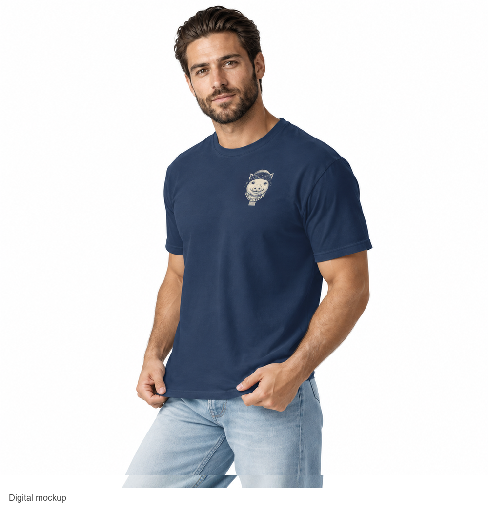 Little Cannon Boy Head Tee — Faded Navy — CW-M17 Quinn Archer male model wearing the exact configured Faded Navy tee, three-quarter view. Digital mockup.