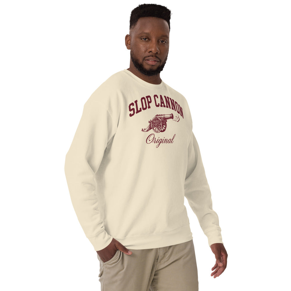 Slop Cannon Original Collegiate Crewneck - Oatmeal — Oatmeal — Printful Men's 2 Right Front provider model view; exact configured product and artwork; digital mockup.