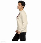 Slop Cannon Original Collegiate Crewneck — Oatmeal — XM1 Daniel Park male model wearing the exact configured crewneck, side three-quarter view. Digital mockup.