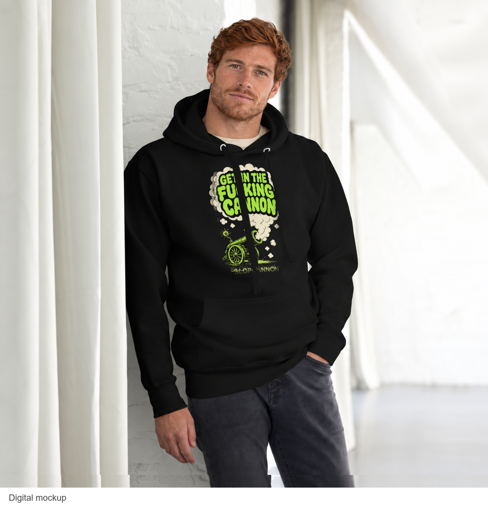 Smoke Signal Hoodie — Black — CW-M08 Hunter Dean male model wearing the exact configured black hoodie, front three-quarter view. Digital mockup.