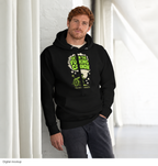 Smoke Signal Hoodie — Black — CW-M08 Hunter Dean male model wearing the exact configured black hoodie, front three-quarter view. Digital mockup.