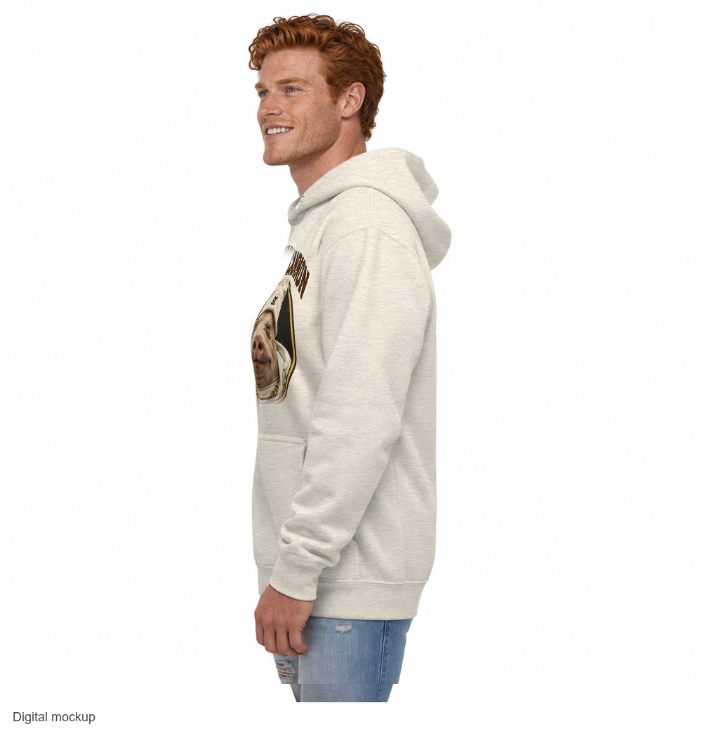 Slop Cannon Sleepy Pig Oval Hoodie — Oatmeal — CW-M03 Caleb Hayes male model wearing the exact configured hoodie, side three-quarter view. Digital mockup.