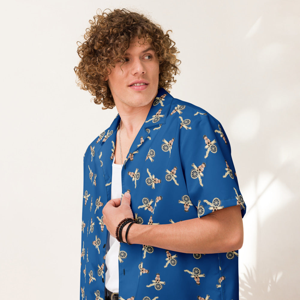 Cannon Beach Set 5B - Button-Up Shirt Component — Cobalt — Printful Men's Lifestyle Front provider model view; exact configured product and artwork; digital mockup.