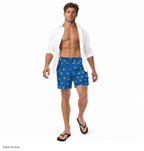 Cannon Beach Set 5B Lined Swim Trunks — Cobalt — CW-M19 Spencer Lane male model wearing the exact configured swim trunks, walking front view. Digital mockup.