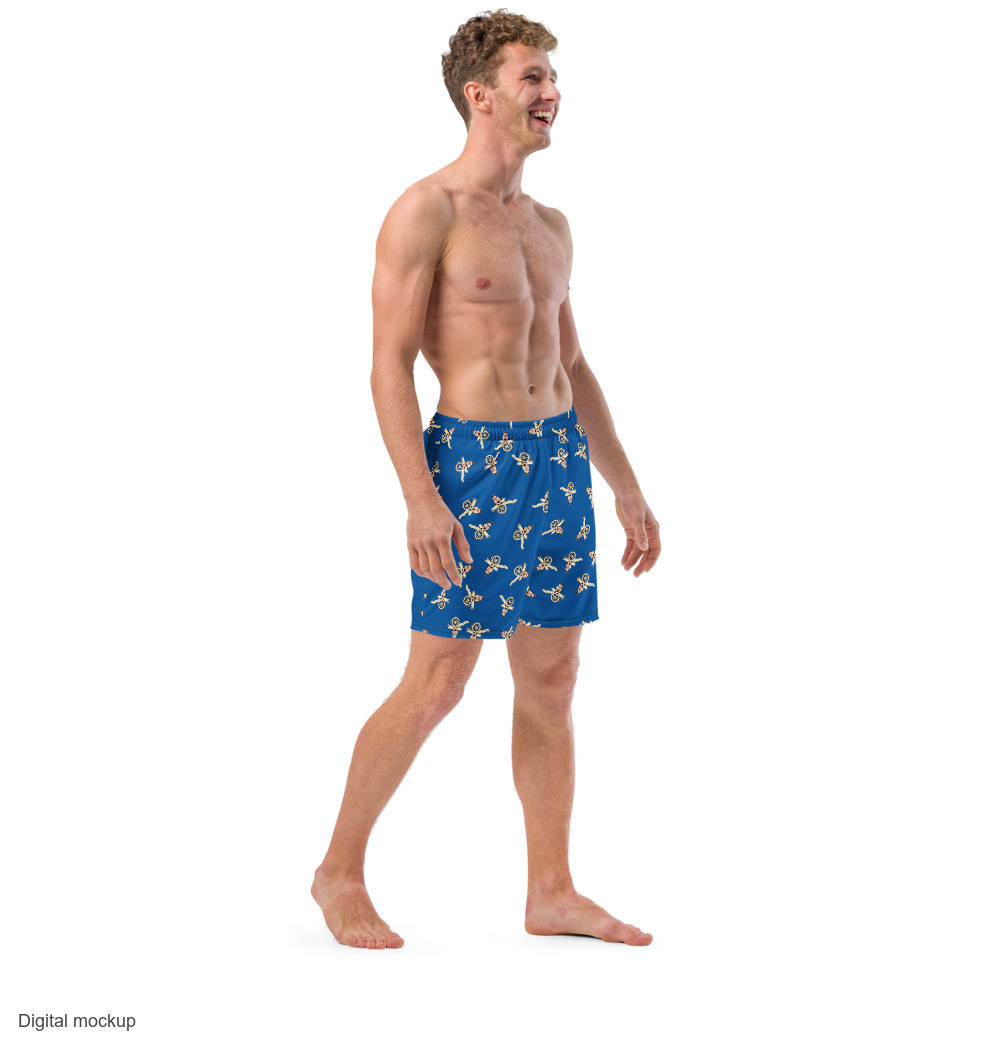 Cannon Beach Set 5B - Lined Swim Trunks Component — Cobalt — supplier Men's 3 Right Front model view; lined swim trunks only; Printful all-over-print lined swim trunks; exact current supplier digital mockup; exact configured dense sitting-pig pattern across trunk panels; third-party styling excluded.