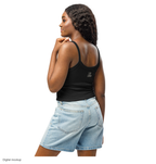 Slop Cannon Smokeshow Women's Tank — Solid Black Blend — supplier Women's Left Back model view; tank only; Bella + Canvas 1012 micro-rib tank; exact current supplier digital mockup; configured front artwork and outside-neckline rear print; third-party styling excluded.