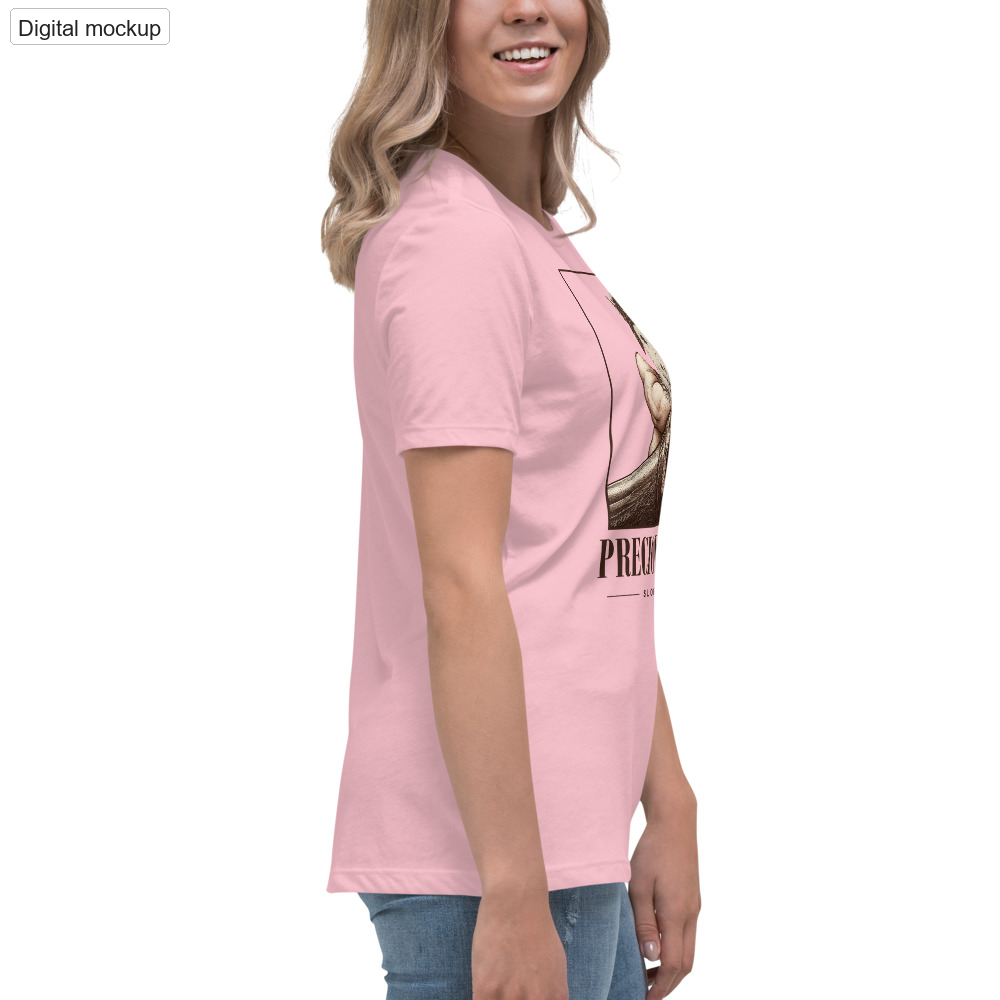 Precious Cargo Women's Tee — Pink — adult supplier model right view with the current configured front artwork; exact Bella + Canvas 6400; supplier digital mockup; tee only, styling bottoms excluded.