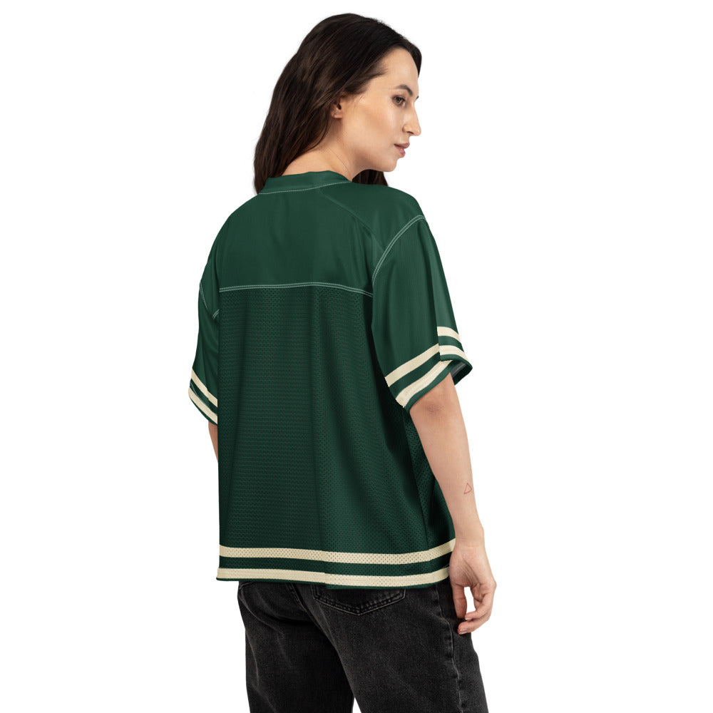 Slop Cannon Social Club Women's Jersey — Forest / Cream — Printful Women's Back provider model view; exact configured product and artwork; digital mockup.