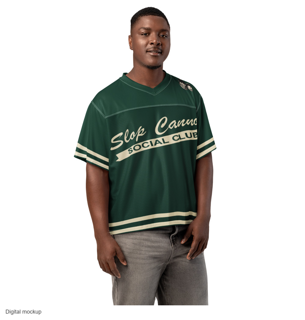 Slop Cannon Social Club Women's Jersey — Forest / Cream — supplier Men's Front model view; boxy football jersey only; Printful all-over-print boxy V-neck football jersey; exact current supplier digital mockup; exact configured front, back, sleeve and hem artwork; third-party styling excluded.