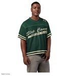 Slop Cannon Social Club Women's Jersey — Forest / Cream — supplier Men's Front model view; boxy football jersey only; Printful all-over-print boxy V-neck football jersey; exact current supplier digital mockup; exact configured front, back, sleeve and hem artwork; third-party styling excluded.