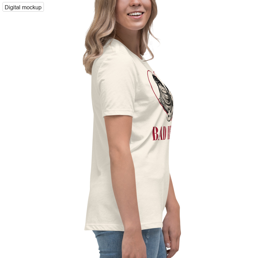 Bad Influence Women's Tee — Natural — adult supplier model right view with the current configured front artwork; exact Bella + Canvas 6400; supplier digital mockup; tee only, styling bottoms excluded.