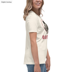 Bad Influence Women's Tee — Natural — adult supplier model right view with the current configured front artwork; exact Bella + Canvas 6400; supplier digital mockup; tee only, styling bottoms excluded.