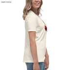 Cherry Fuse Women's Tee — Natural — adult supplier model right view with the current configured front artwork; exact Bella + Canvas 6400; supplier digital mockup; tee only, styling bottoms excluded.